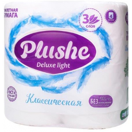 Туалетная бумага Plushe Deluxe Light Классическая, белая, 4 рулона по 15 м, 3 слоя. 2441