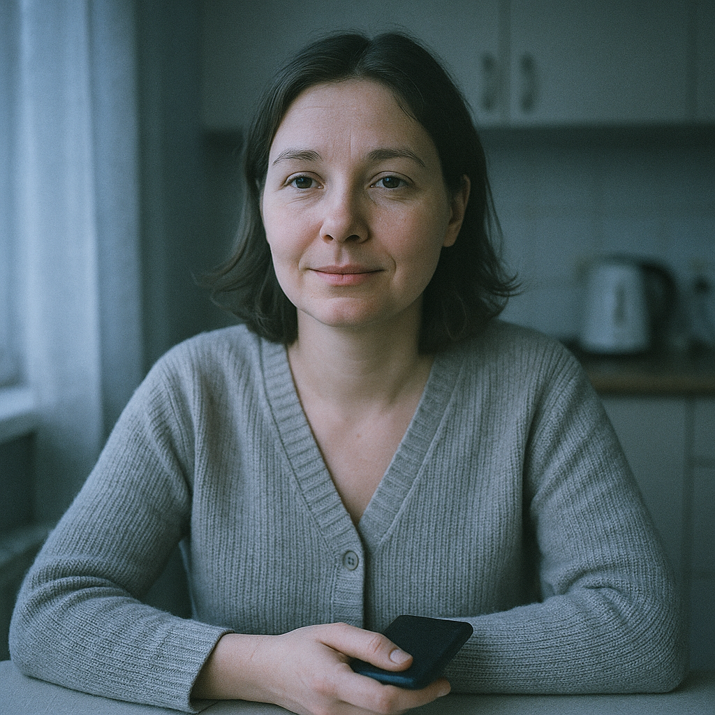 Женщина за кухонным столом с телефоном в руке, спокойное лицо