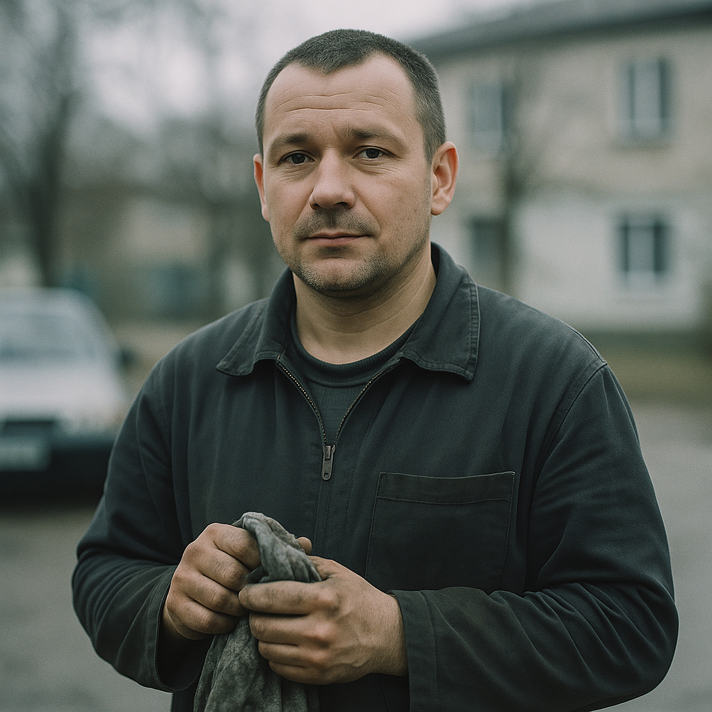 Мужчина во дворе после ремонта машины, спокойное довольное лицо