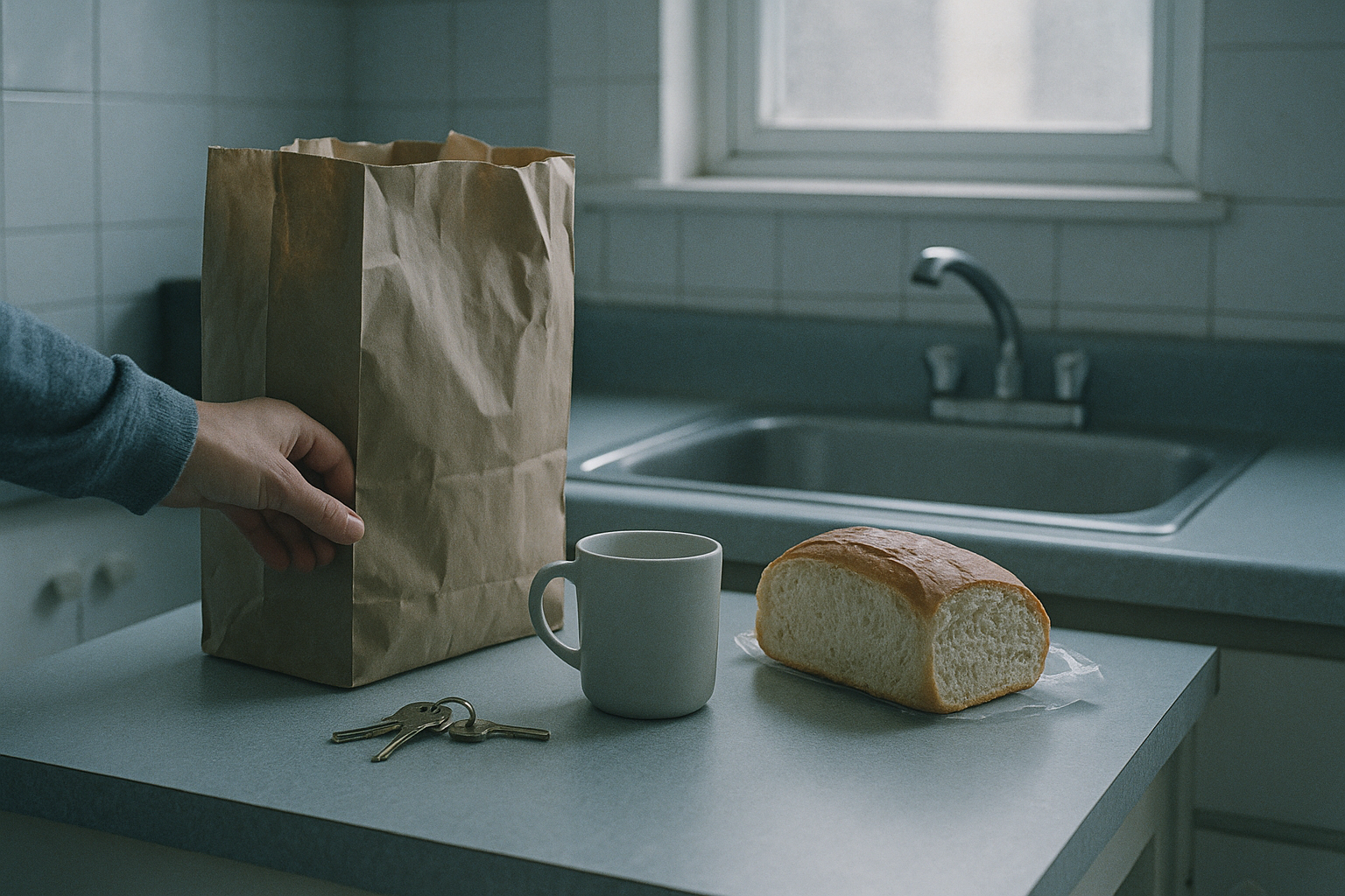 Кухонный стол с продуктами и ключами в конце месяца