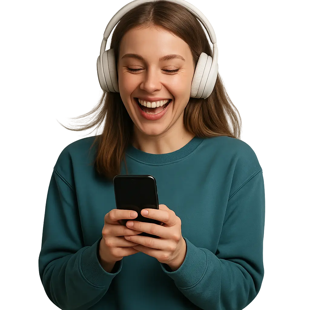 Девушка в наушниках смеётся, читая новость в телефоне