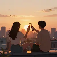 Amis sur un toit au coucher du soleil