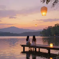 Friends By Lake Sunset