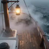 Cubierta de barco con niebla