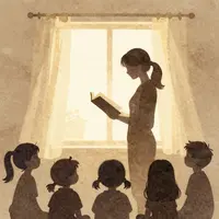 Çocuklara kitap okuyan öğretmen