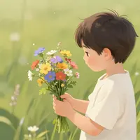 کودک با گل‌ها