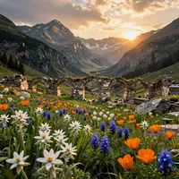 دره کوهستانی با گل‌ها