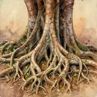 ภาพสีน้ำรากไม้พันกัน