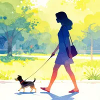 Женщина гуляет с собакой