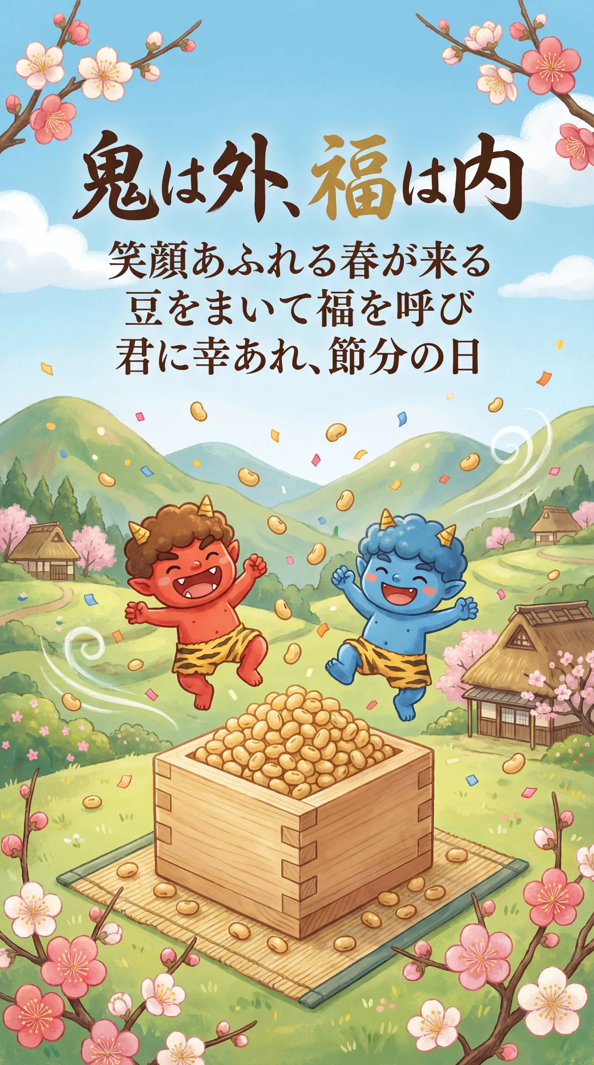 節分に友達へ贈る、開運を願う楽しいメッセージカード