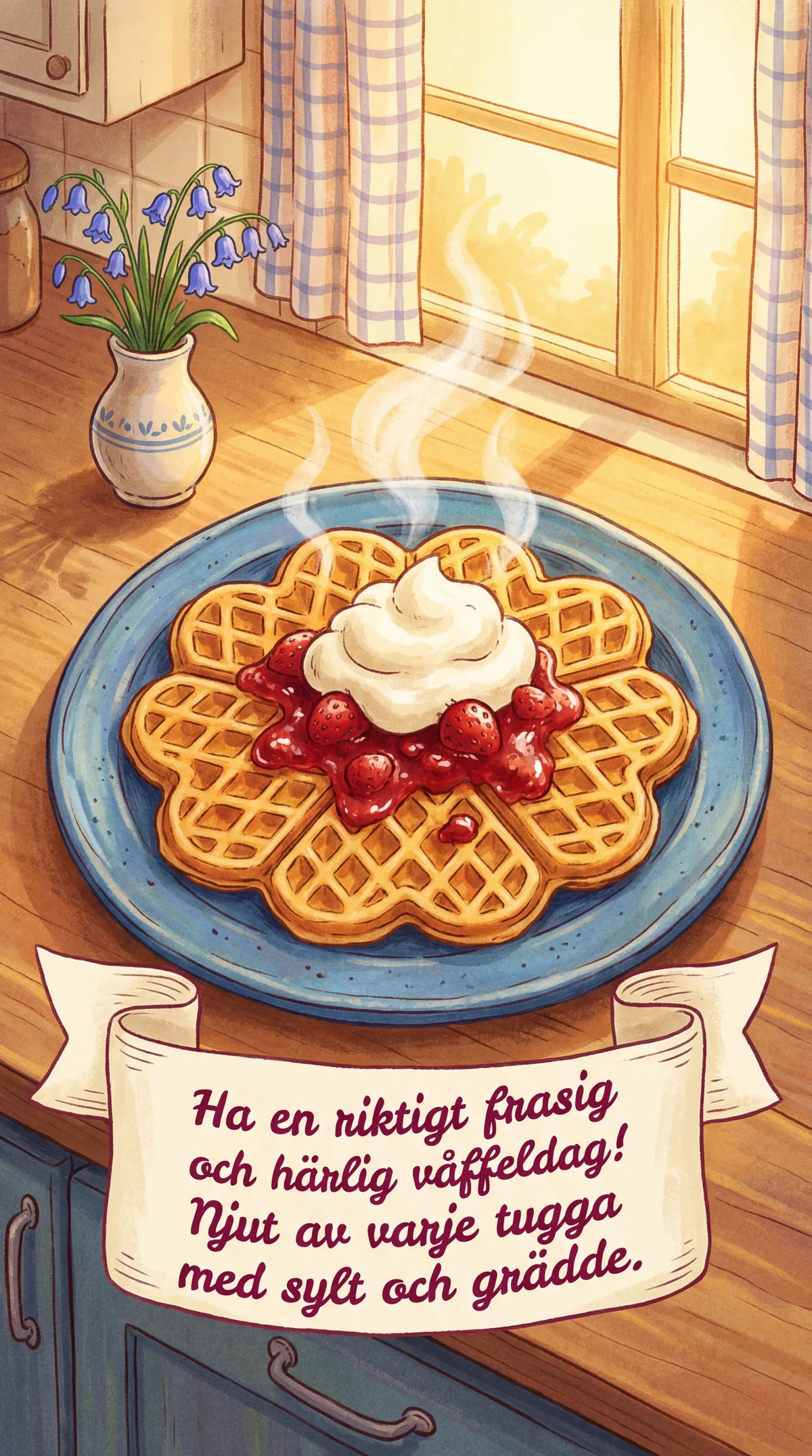 Korttext till Våffeldagen med en glad hälsning