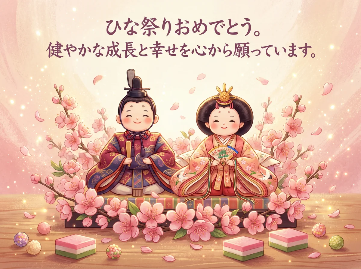 可愛らしいお嬢様の健やかな成長を祝う、ひな祭りの心温まるグリーティングカード