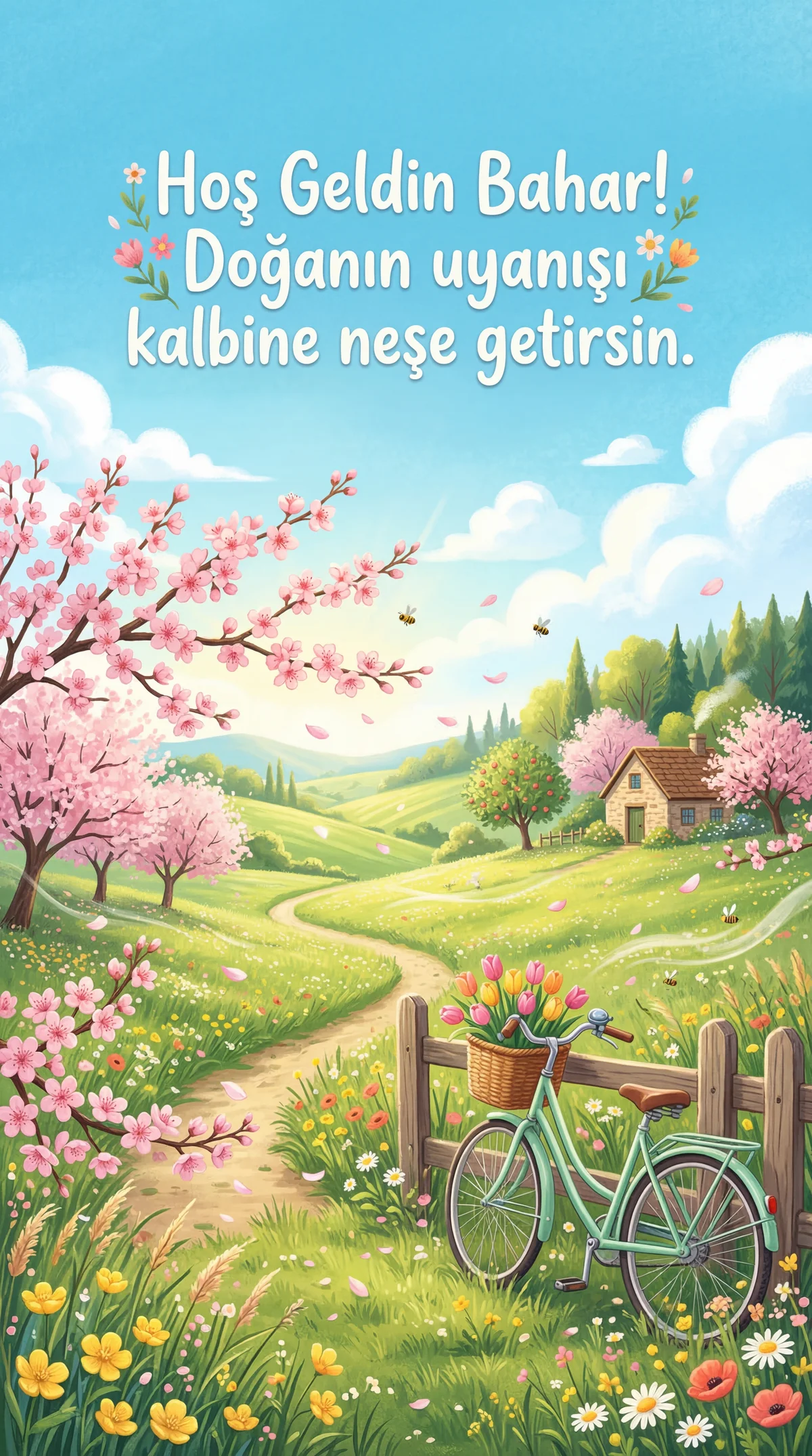 Baharın gelişini kutlamak için neşeli bir kart.