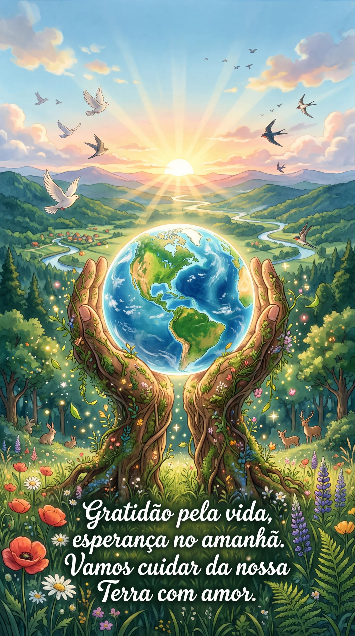 Cartão para o Dia da Terra com mensagem de esperança e grati...