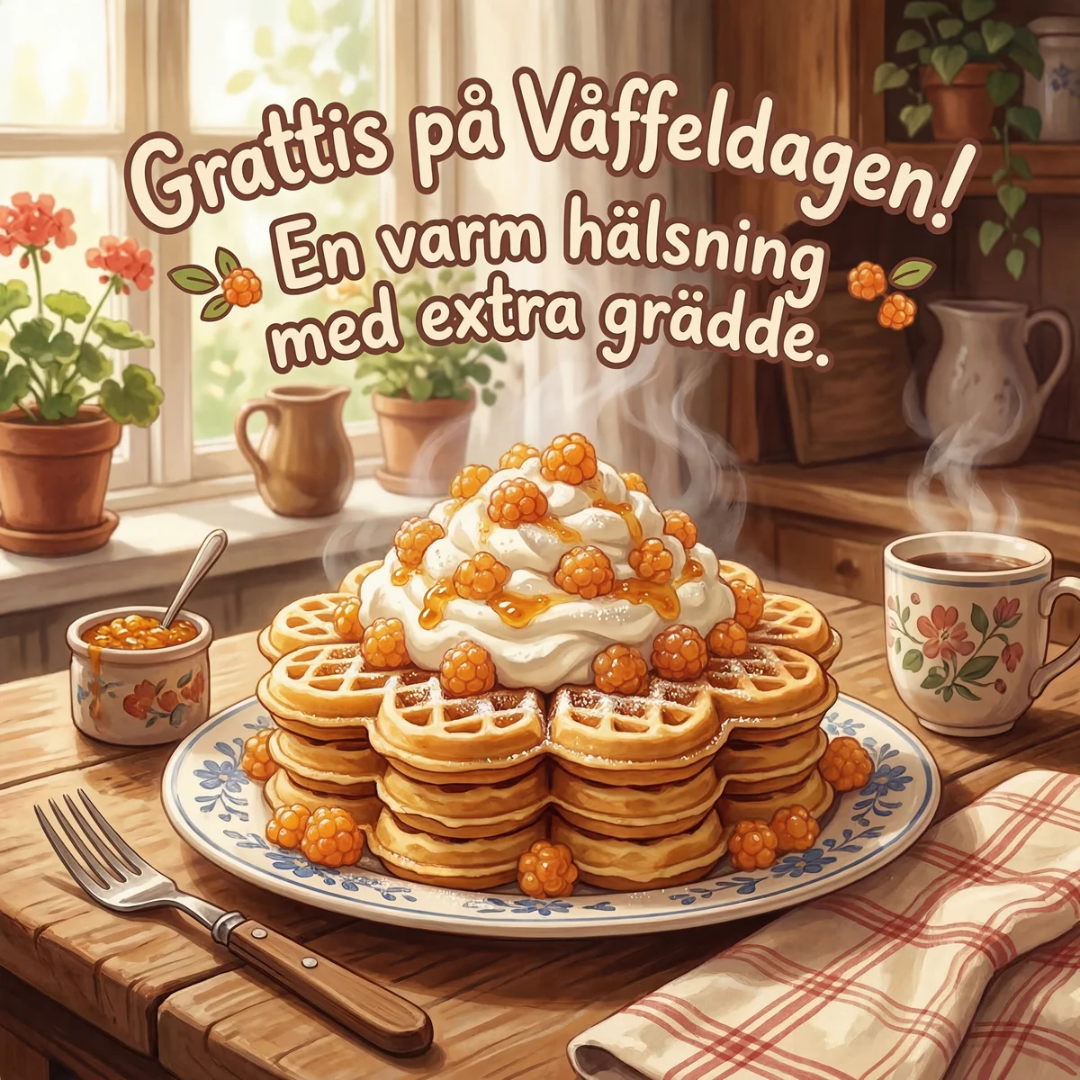 Grattis på Våffeldagen! En varm hälsning med extra grädde.