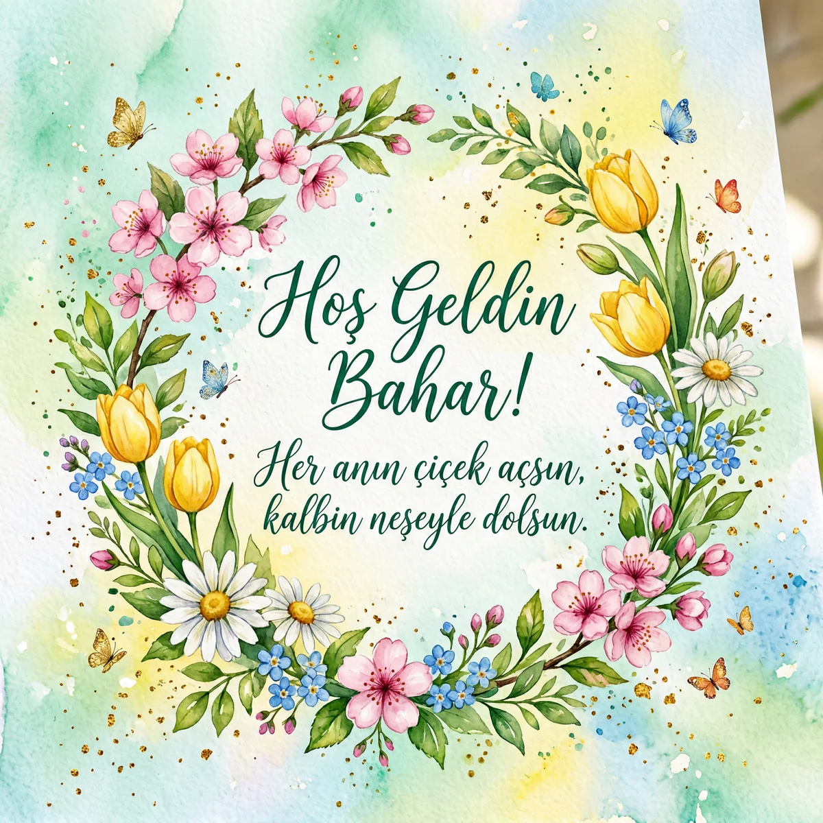 Baharın gelişini kutlamak için neşeli bir kart.