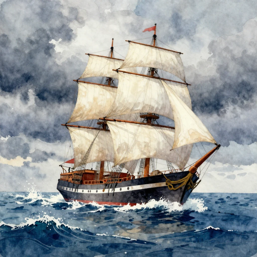 A watercolor illustration of a large sailing ship navigating...