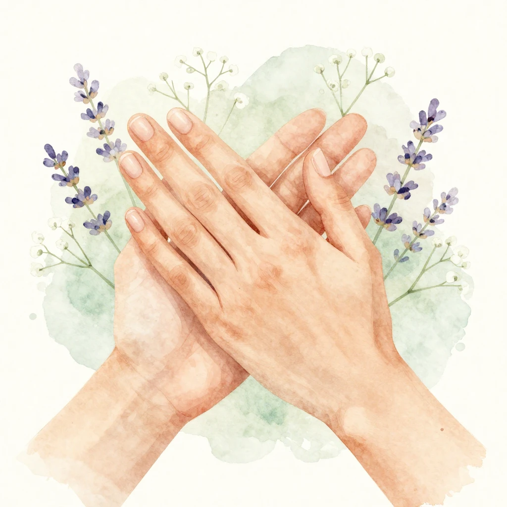 A soft, warm watercolor illustration of two hands gently cla...
