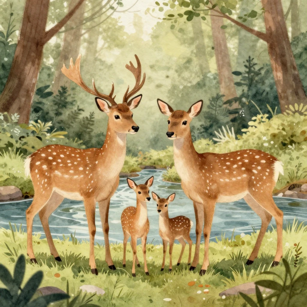 A gentle watercolor illustration featuring a family of deer ...