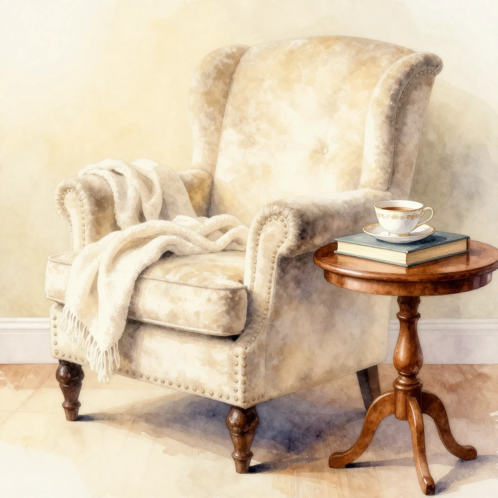 A watercolor illustration of a scene embodying cozy elegance...