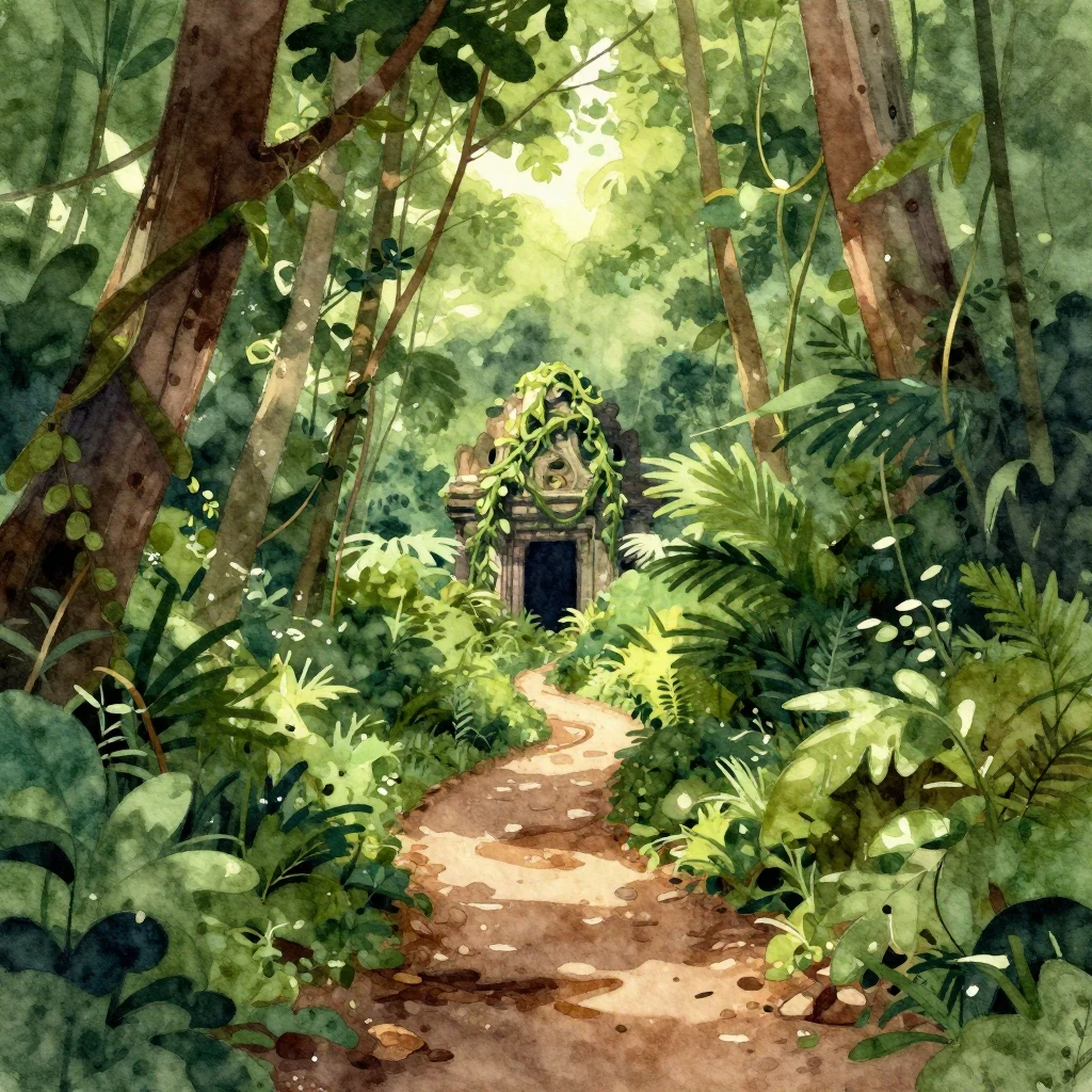 A watercolor illustration depicting a small, winding path di...