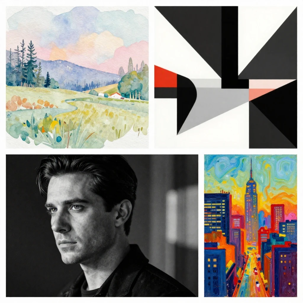 A collage of four distinct artistic styles: a soft pastel wa...