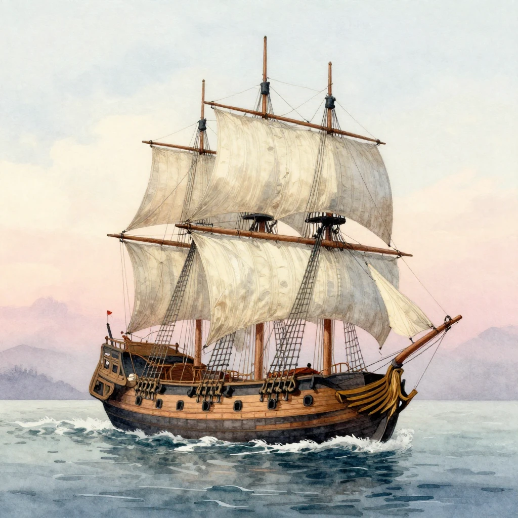 A detailed watercolor illustration of an 18th-century wooden...