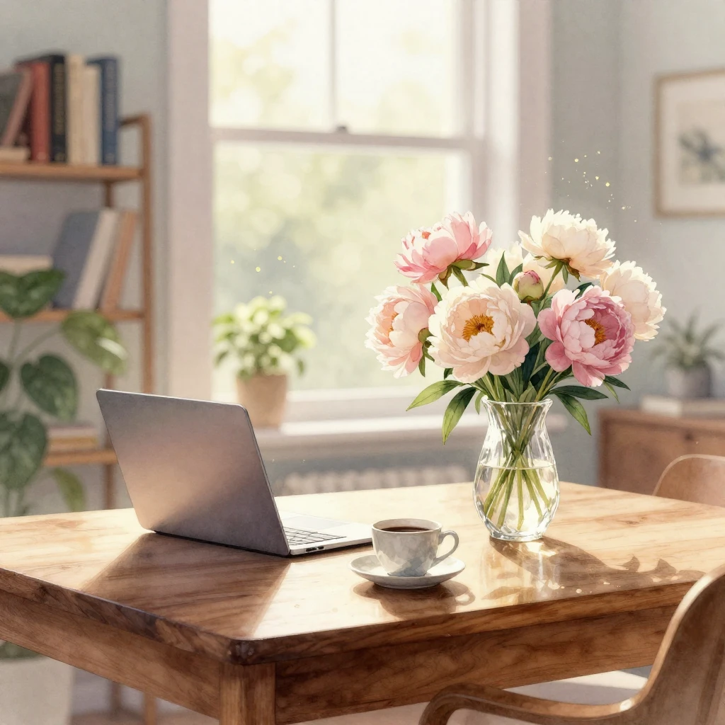 A watercolor illustration of an elegant, sunlit home office....