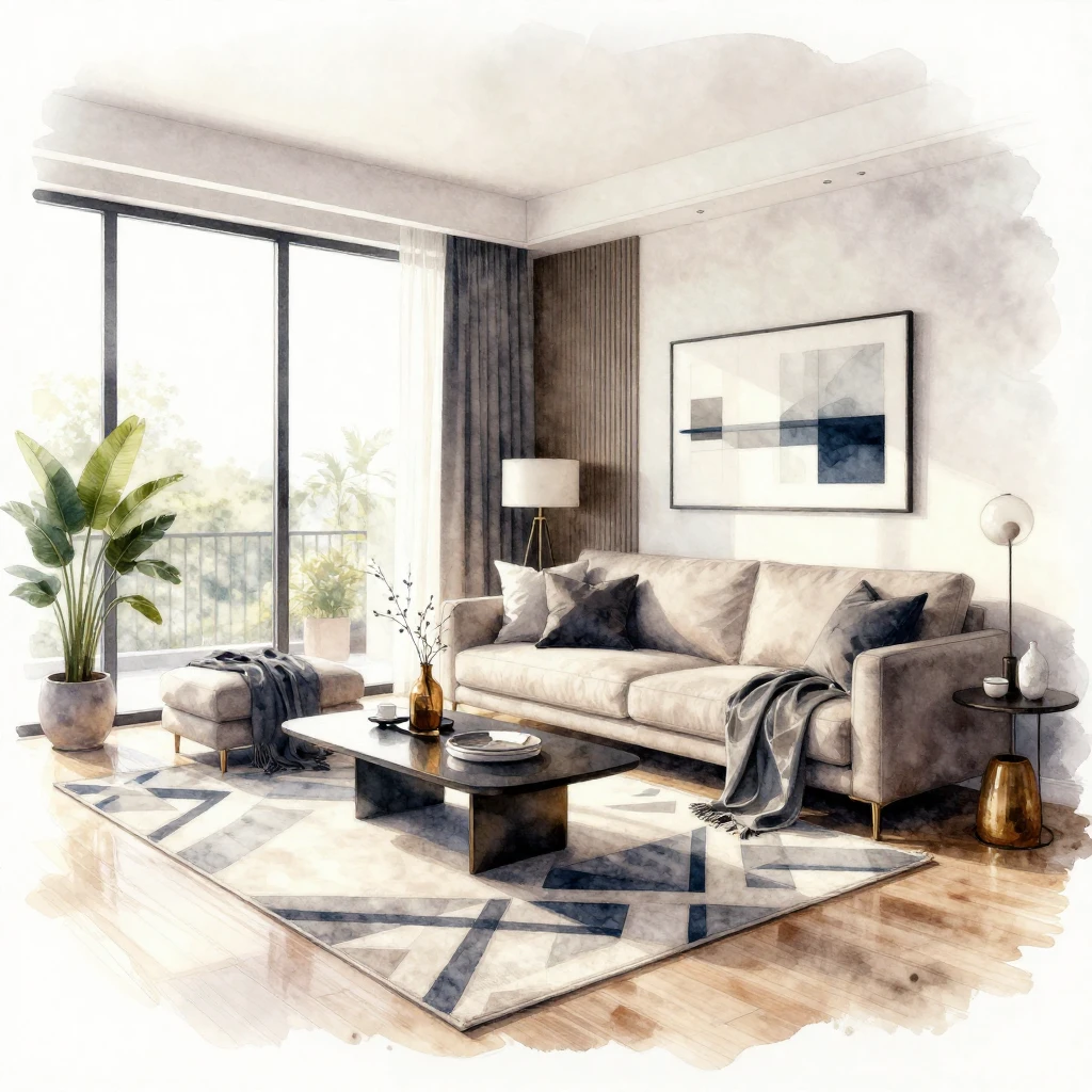 A beautiful watercolor illustration of a modern living room ...