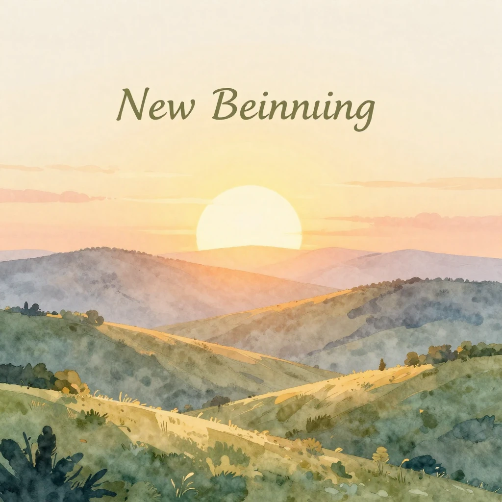 A bright, warm watercolor illustration of a sunrise over rol...