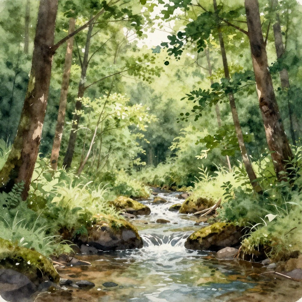 A serene watercolor landscape illustrating a lush green fore...
