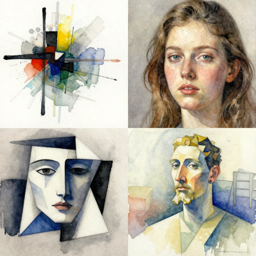 A collage of different artistic styles in watercolor: a smal...