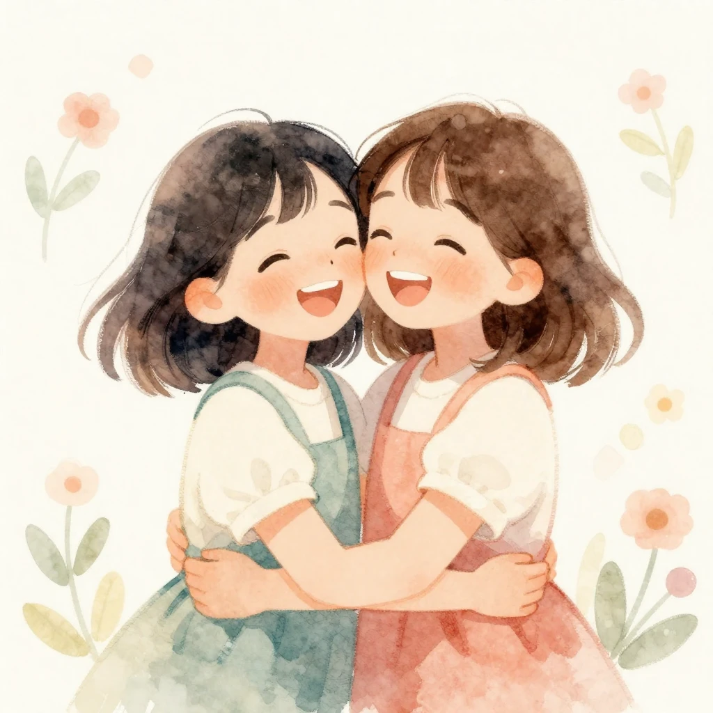 A soft, warm watercolor illustration depicting two sisters s...