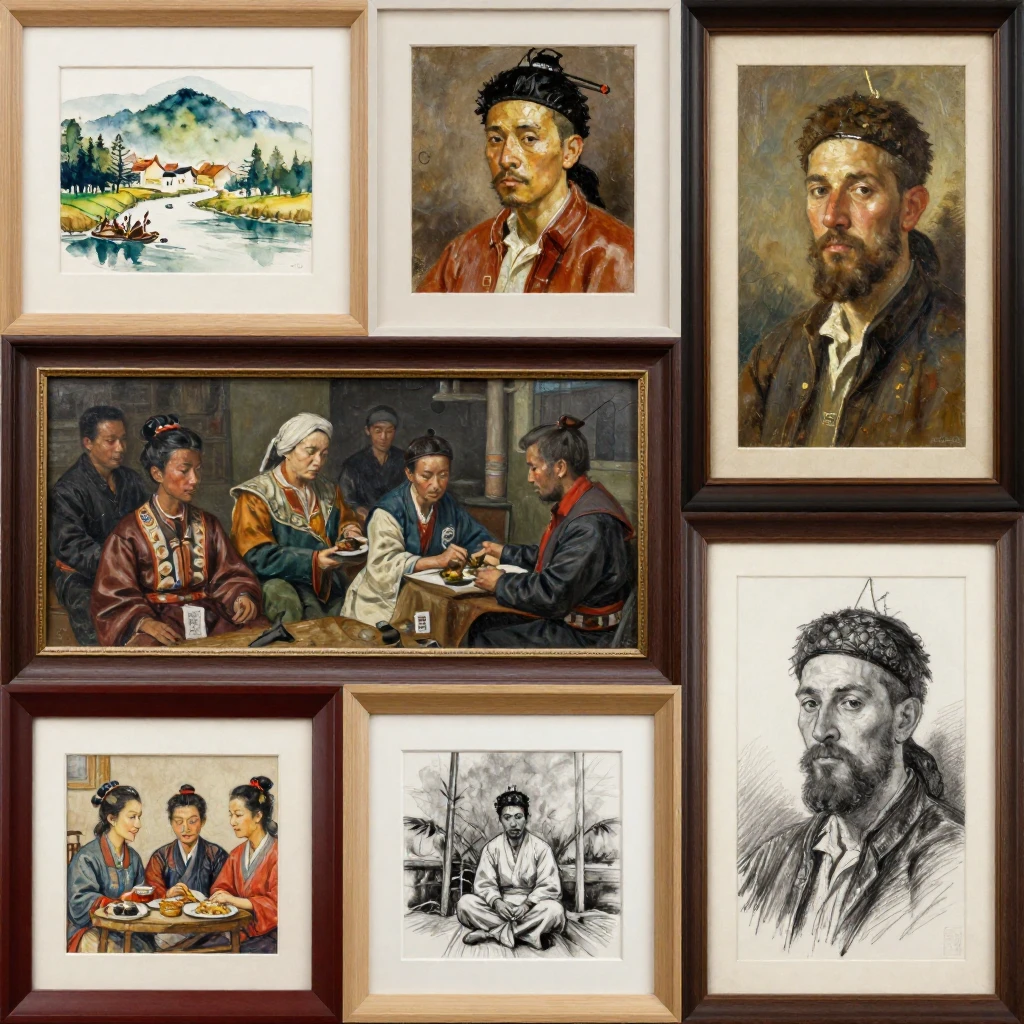 A collage of different traditional art styles: a small water...