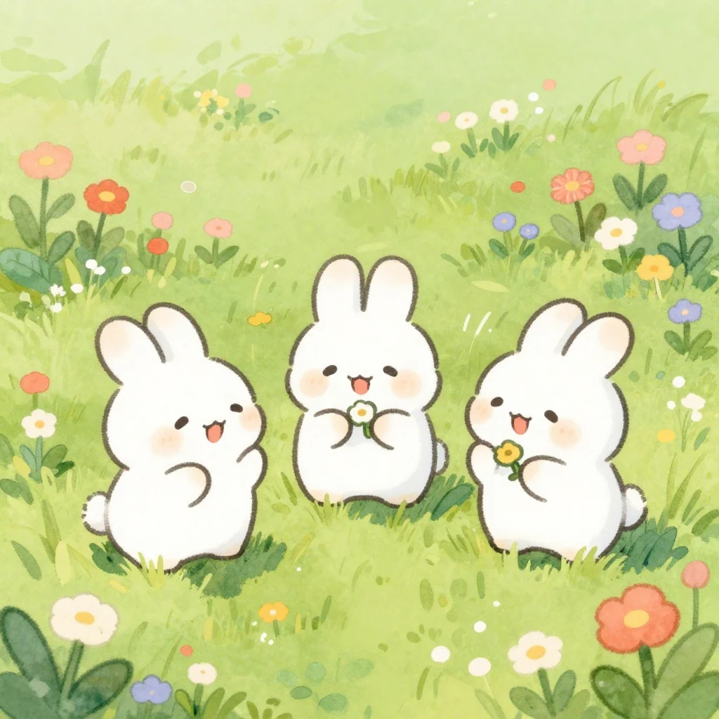 A whimsical watercolor illustration of three small, fluffy w...