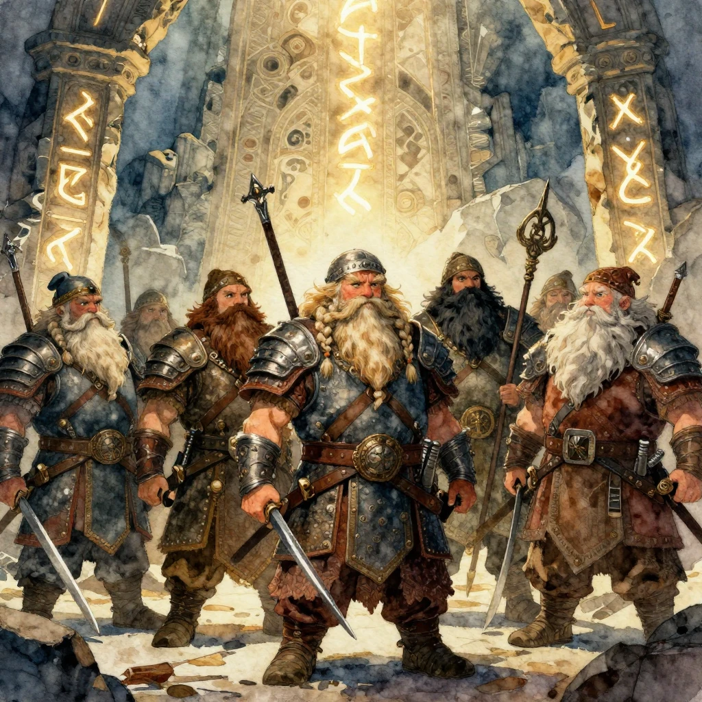 A watercolor illustration of a group of stout dwarf warriors...