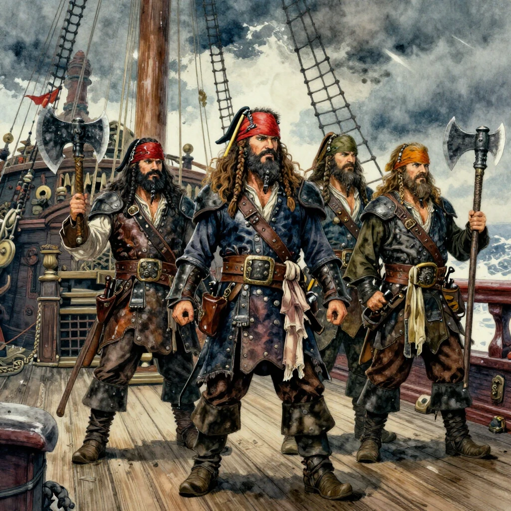 A highly detailed watercolor illustration of a crew of stout...