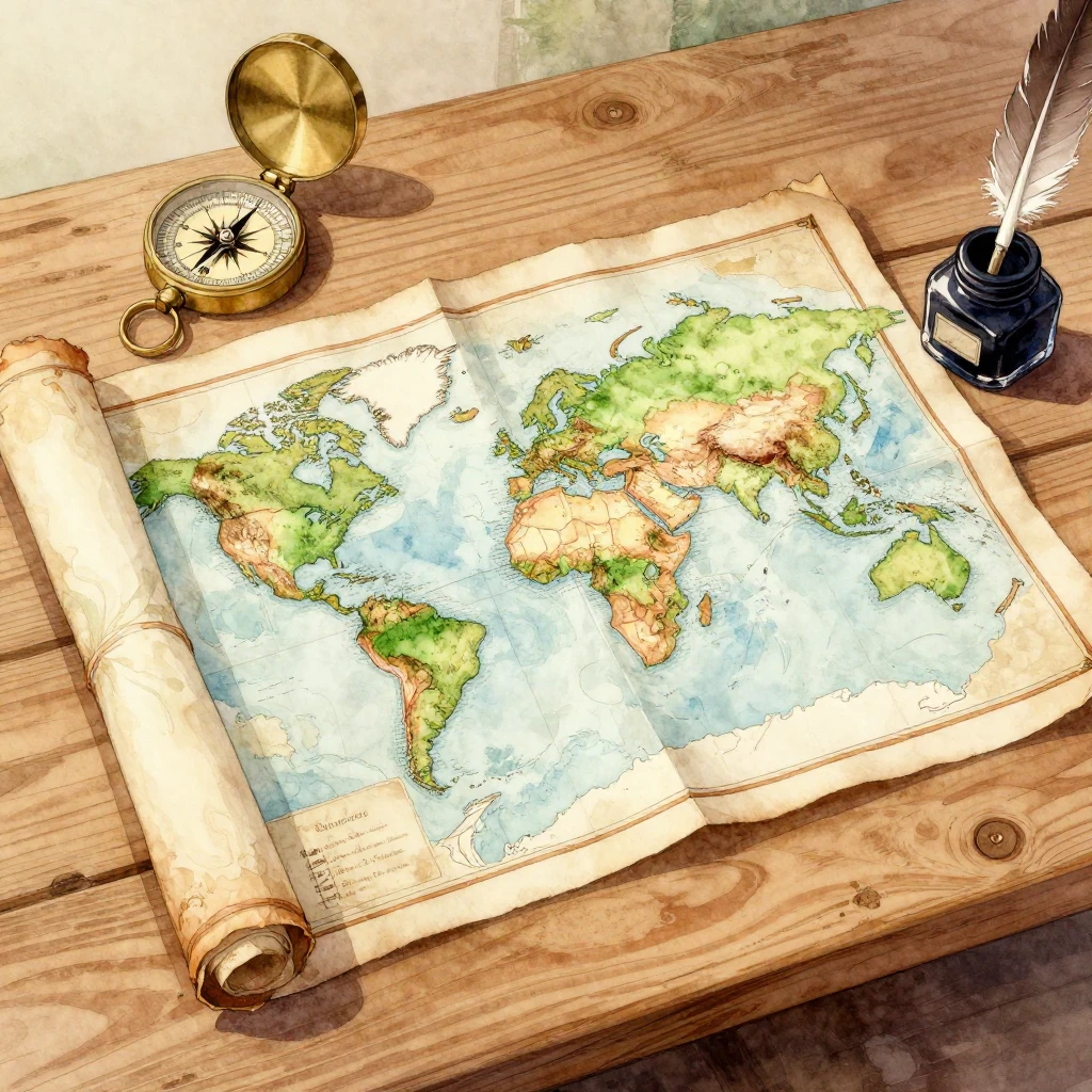 A vibrant watercolor illustration showing a detailed, antiqu...