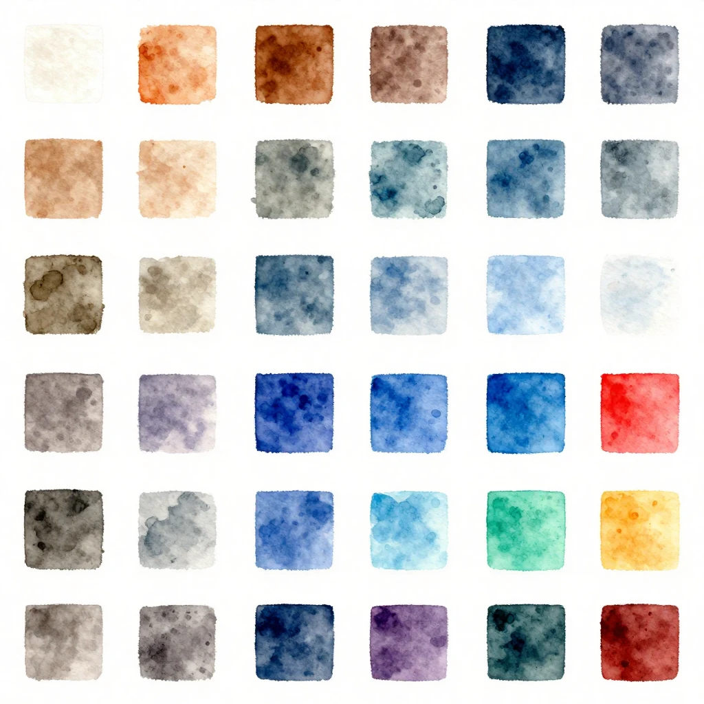 A watercolor grid showcasing various color swatches and smal...