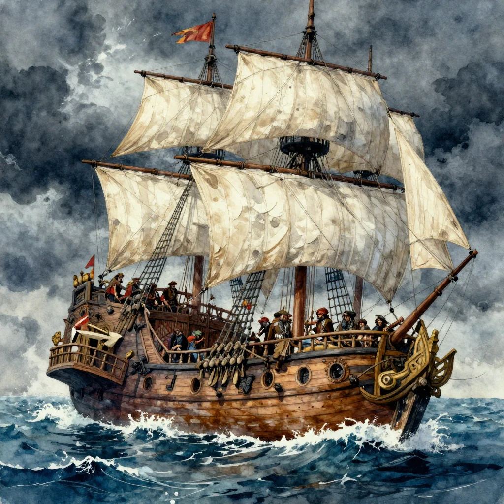 A dramatic watercolor illustration of a massive wooden pirat...