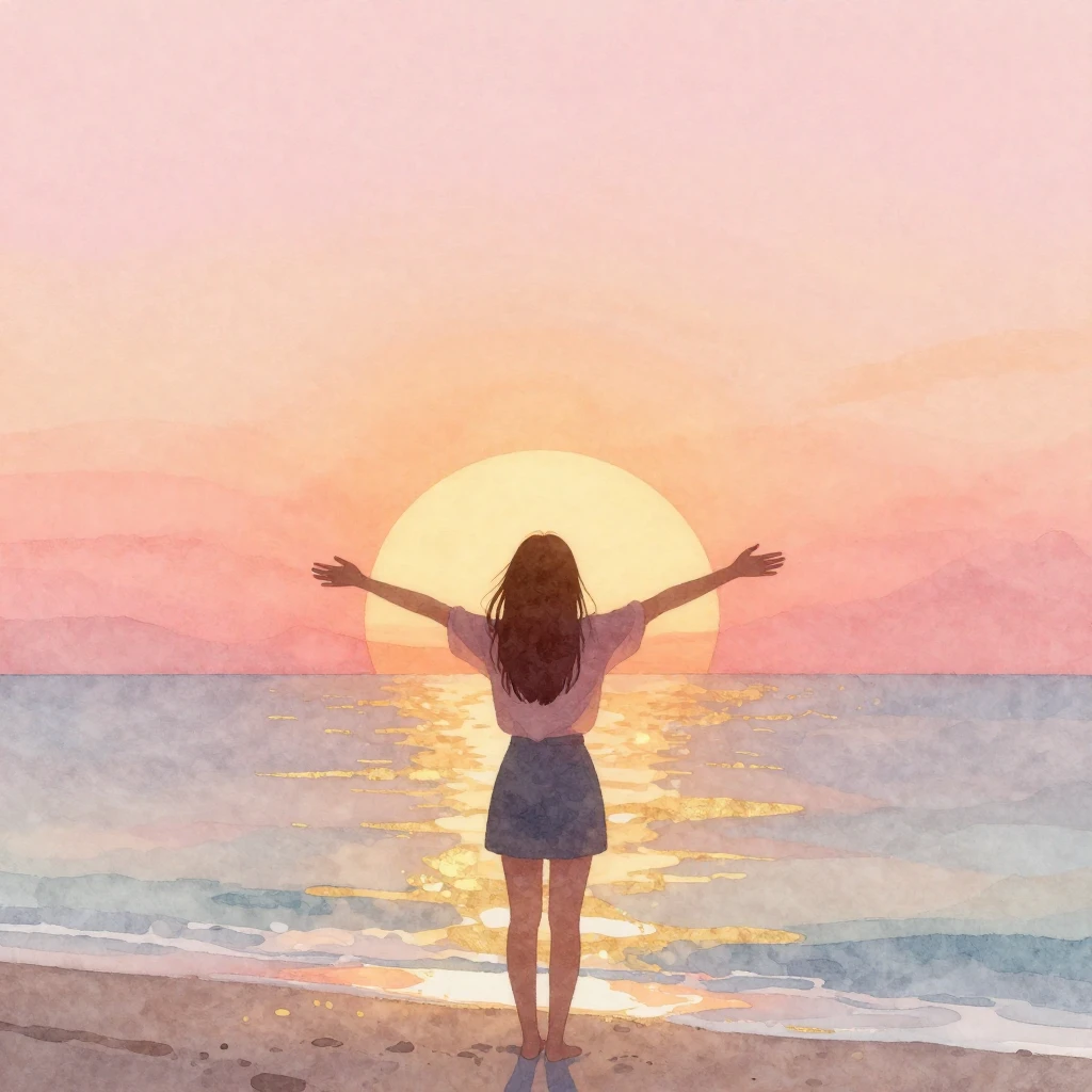 A serene watercolor illustration showing a person silhouette...