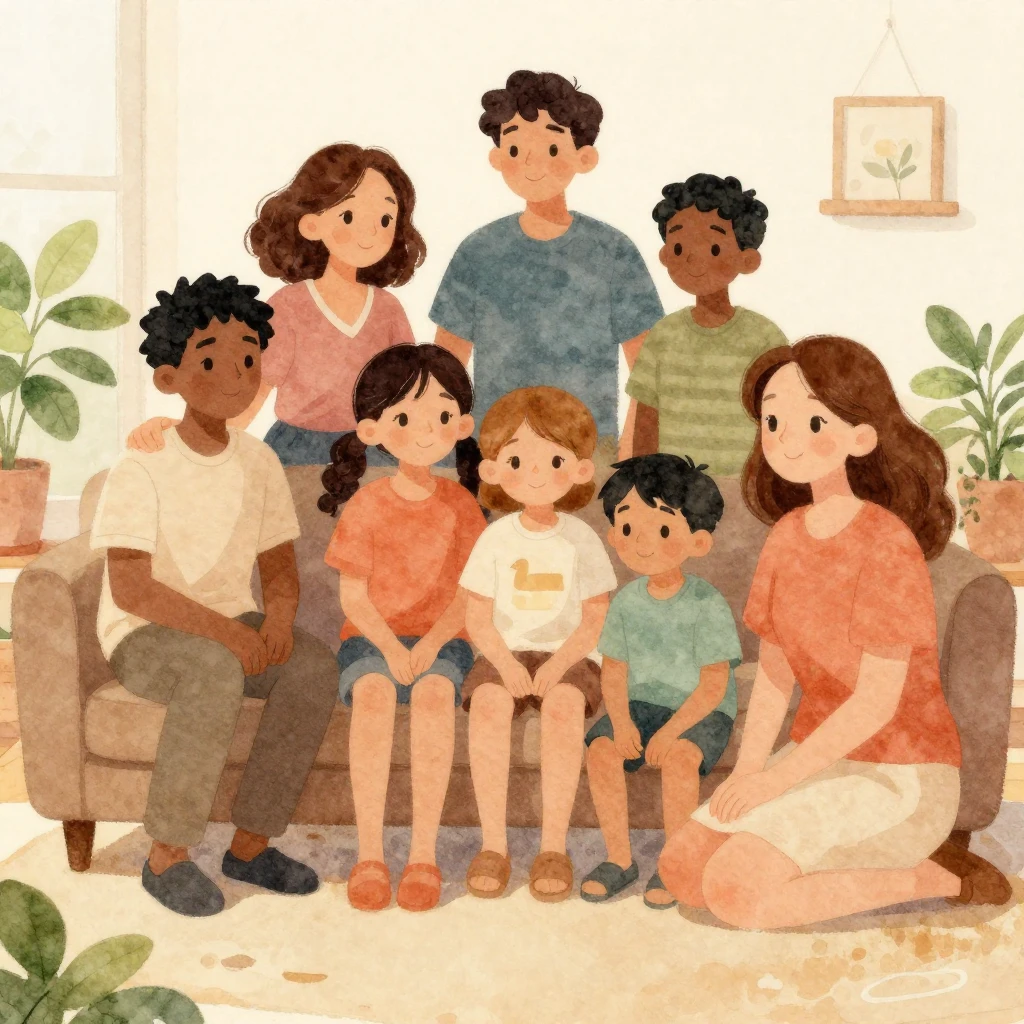 A cozy watercolor illustration of a diverse family gathered ...
