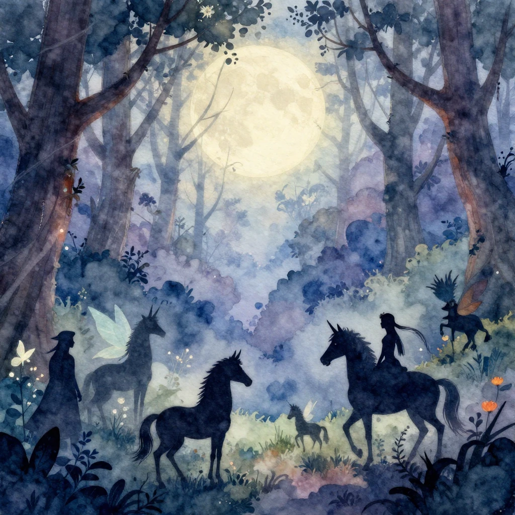 A breathtaking watercolor illustration of a magical forest s...
