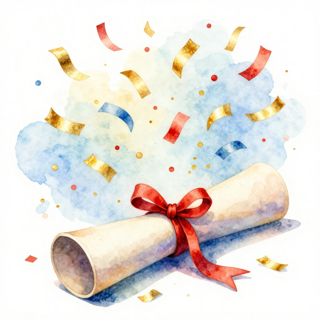 A vibrant watercolor illustration featuring confetti raining...