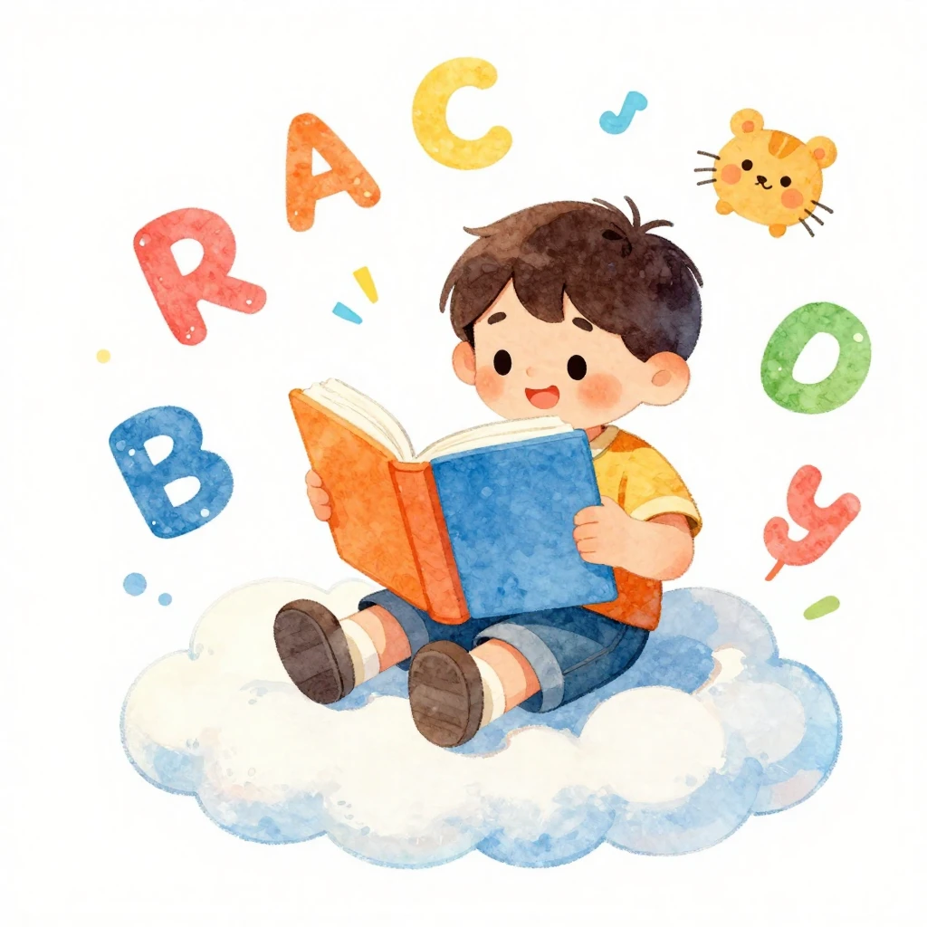 A cheerful watercolor illustration of a child sitting on a f...