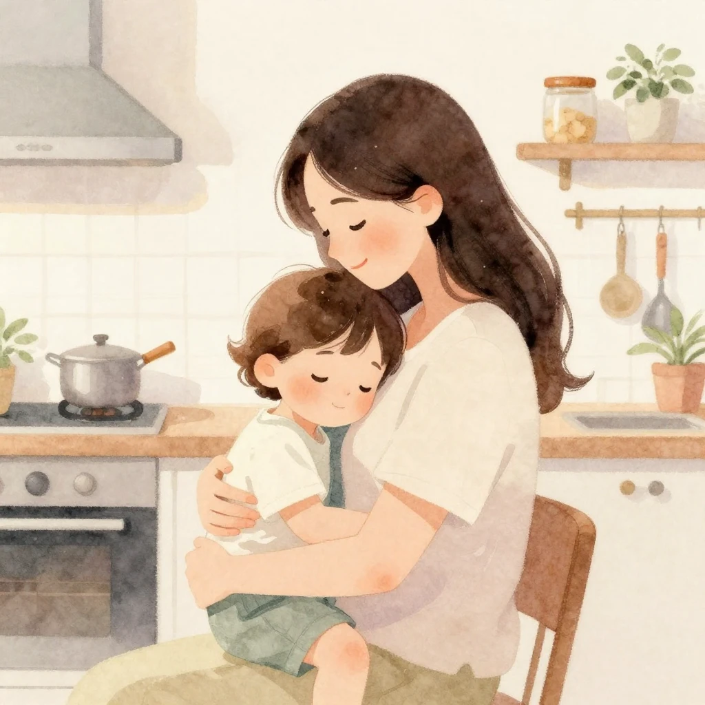 A soft, warm watercolor illustration depicting a mother embr...