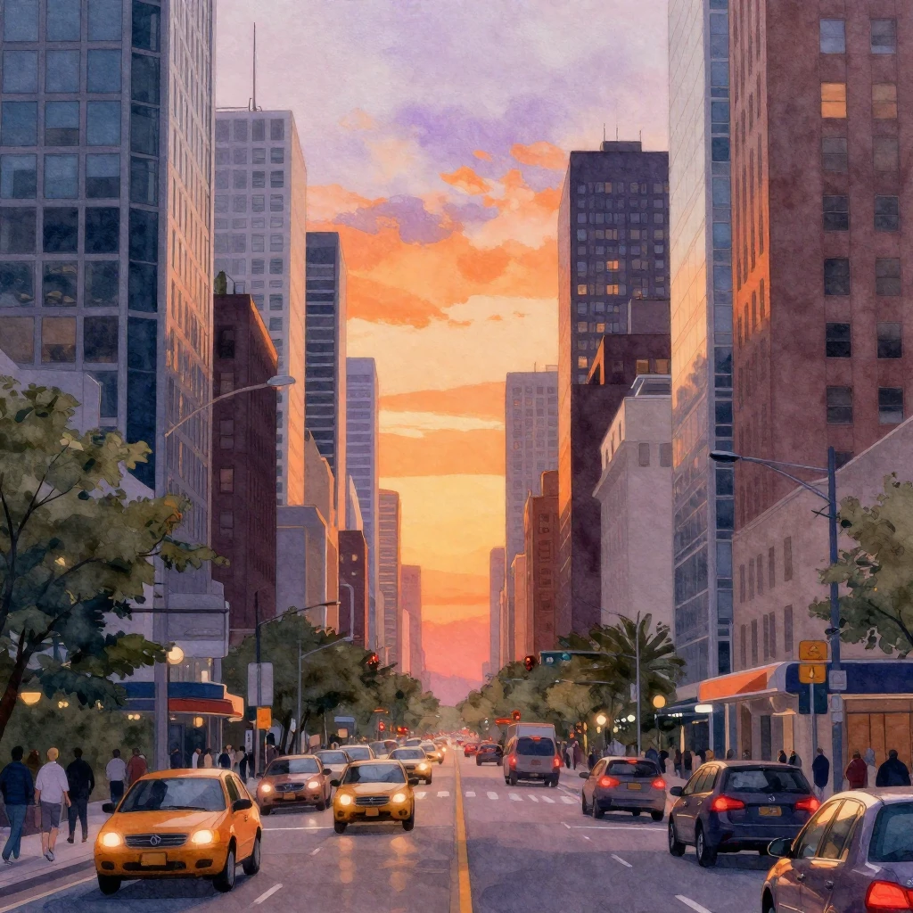 A beautiful watercolor illustration of a bustling city stree...