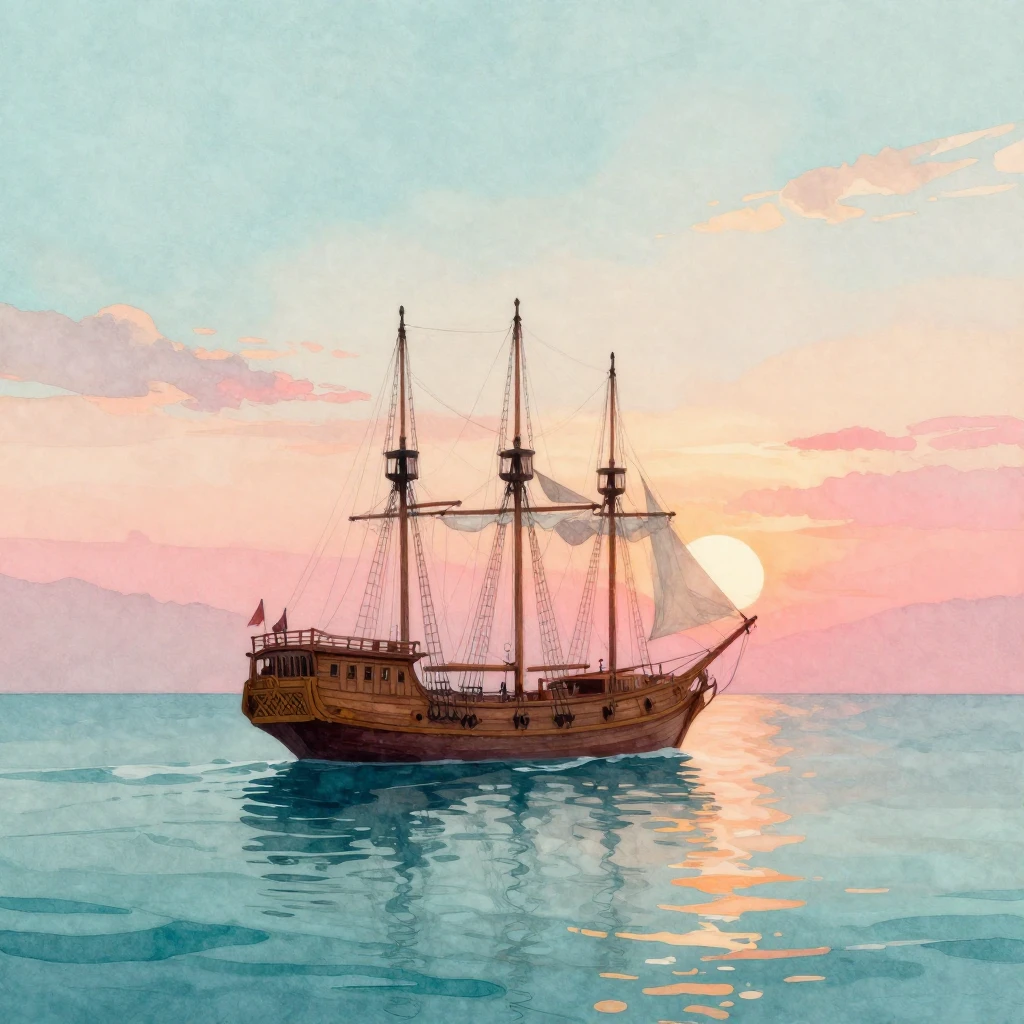 A serene watercolor painting of a large wooden sailing ship ...