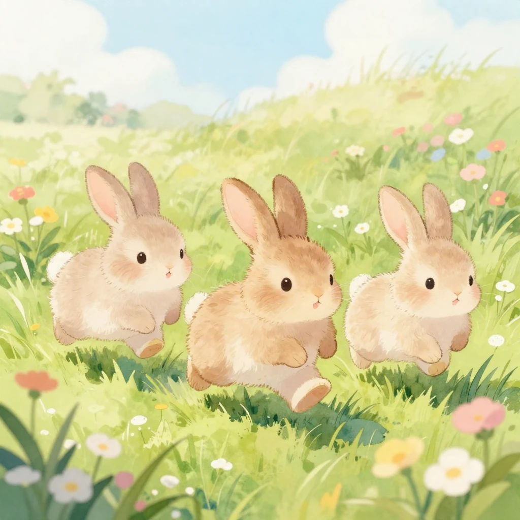 A charming watercolor illustration of three cheerful little ...