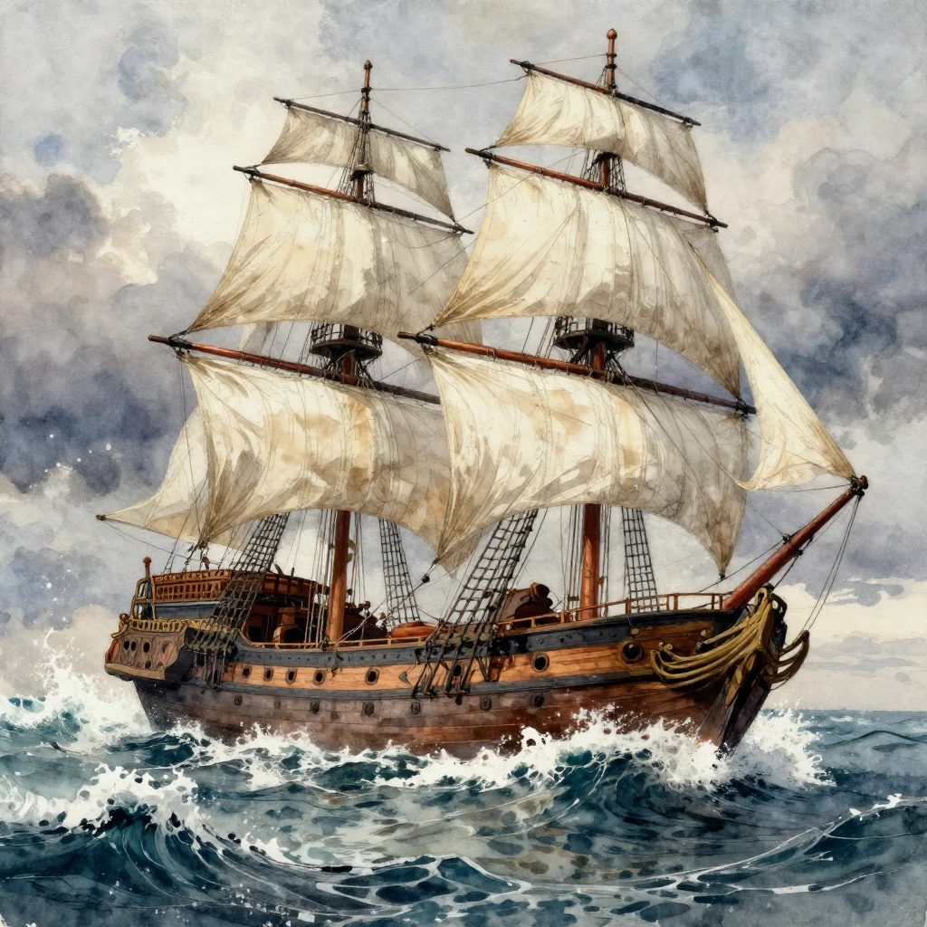 A dramatic watercolor illustration of a large, antique saili...